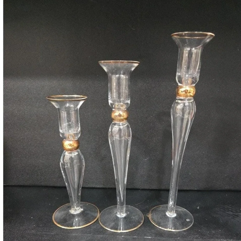 Long-Stemmed Fluted Glass Candlestick Holders, Set of 3 Vintage Gold-Rim Holiday